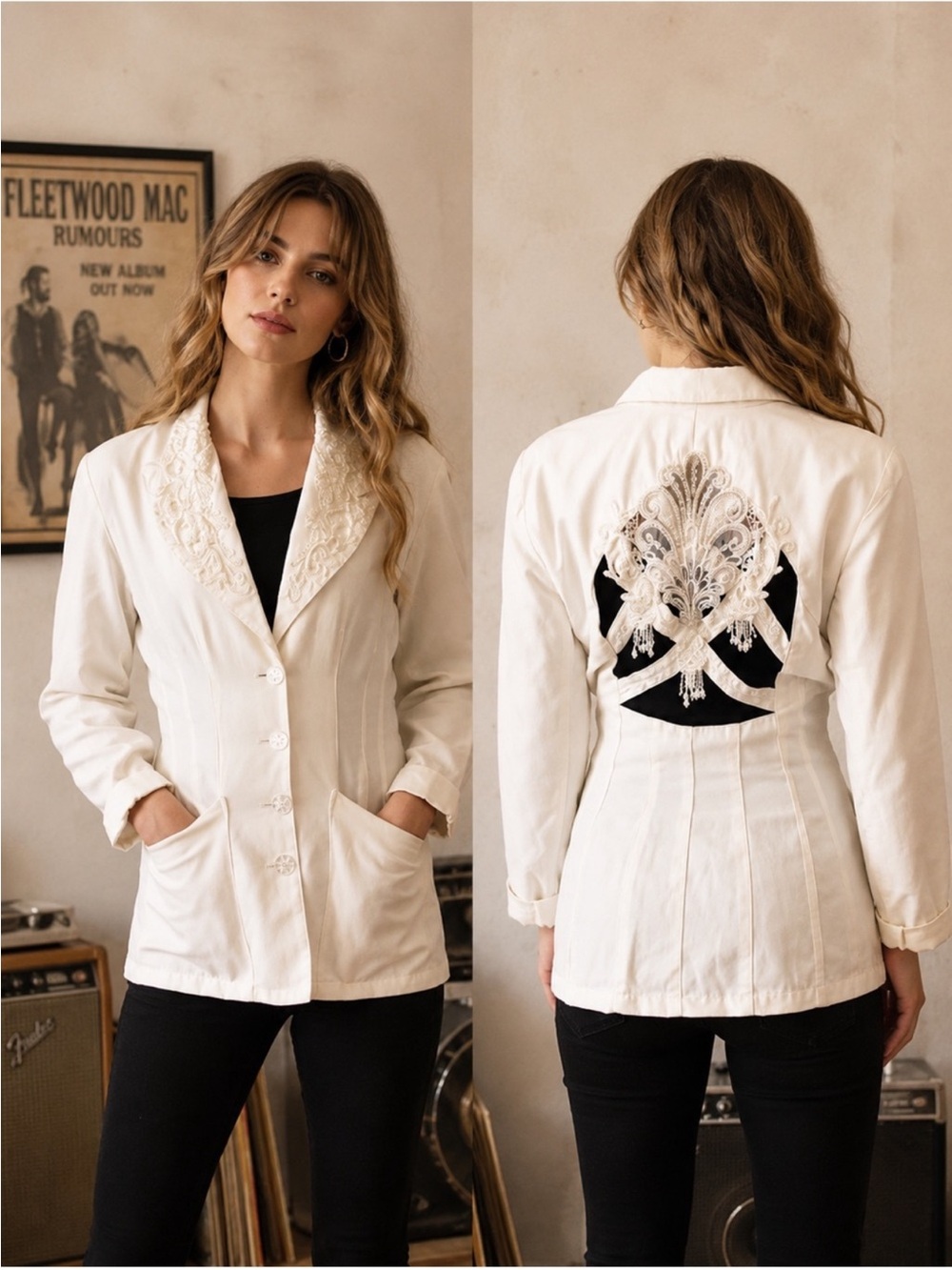 90s White Cut Out Beaded Blazer Bridal Coat Boho